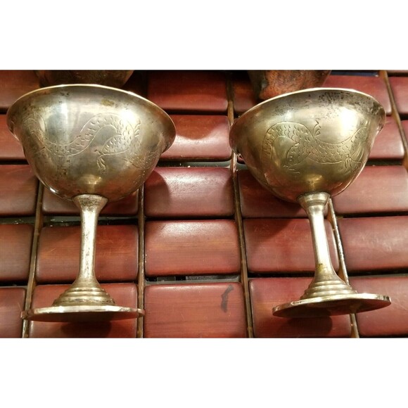 Vintage Pair of Silver Plated Copper Goblets w/ Hand Etched Dragon Motif - Picture 3 of 7